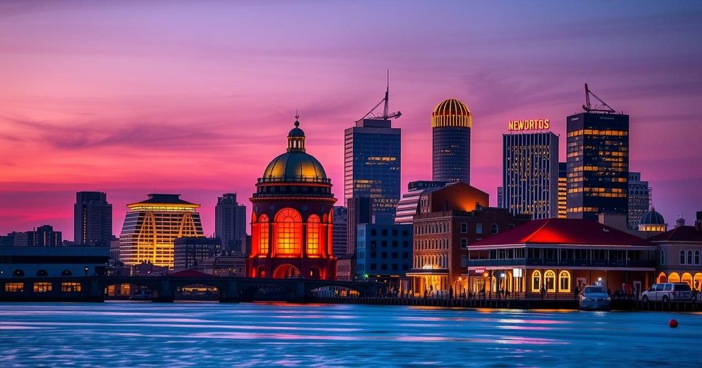Dramatic skyline of New Orleans at dusk, showcasing vibrant colours and significant architecture against a moody sky.