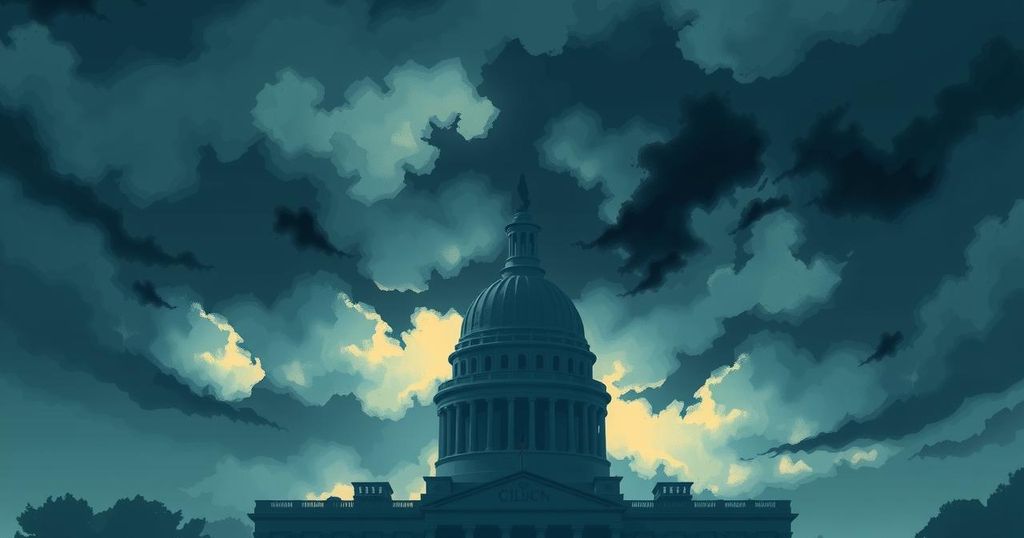 A dramatic political scene with a government building silhouette, under a stormy sky in muted blues and greys, symbolising tension.