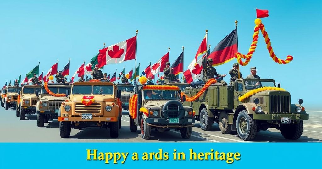 A vibrant military parade featuring colourful decorations and military vehicles showcasing American heritage.