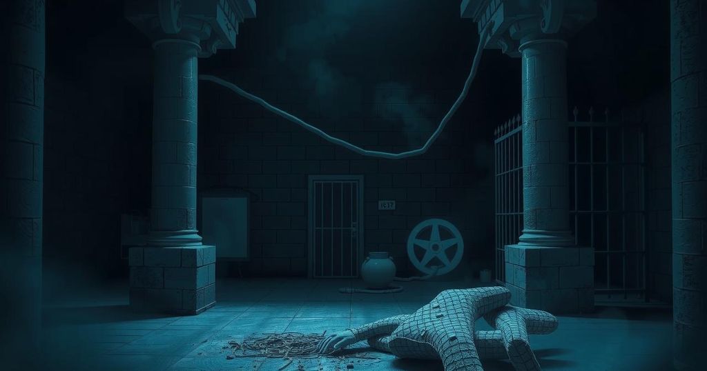 A dark, shadowy prison cell representing confinement and control, using a moody colour palette.