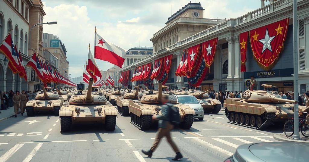 A vibrant military parade display with tanks and soldiers in a city setting, highlighting American military strength and celebration.