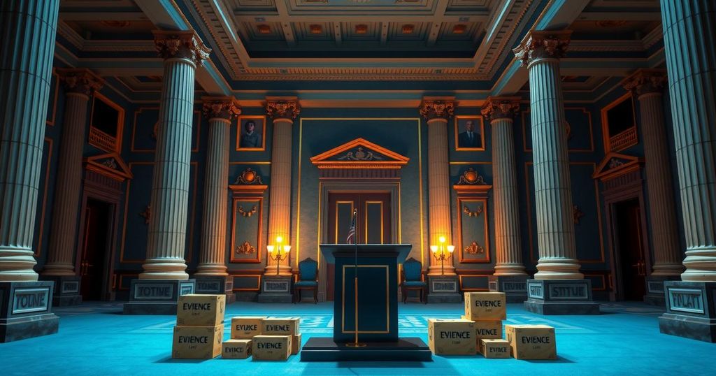 A grand hall with historical architecture, adorned with props symbolising law enforcement and a podium for speeches.