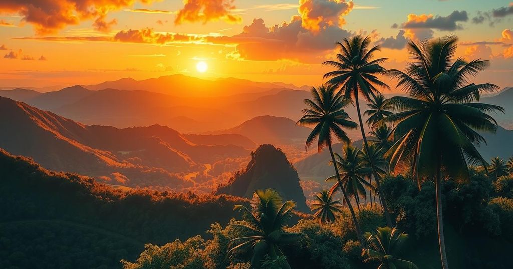 A vibrant sunset over a Salvadoran landscape with mountains and tropical trees, symbolising political changes.