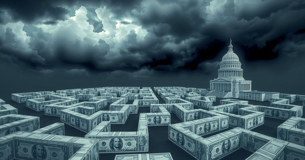 Conceptual illustration of political tension with symbolic elements representing budget negotiation and governmental conflict.