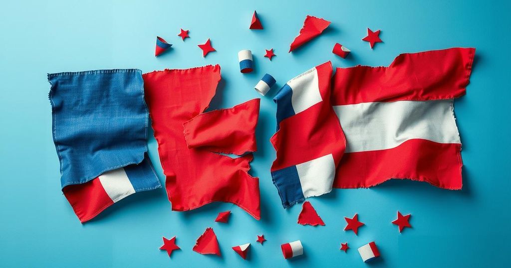 Abstract depiction of political division with torn flags and contrasting blue and red background elements.