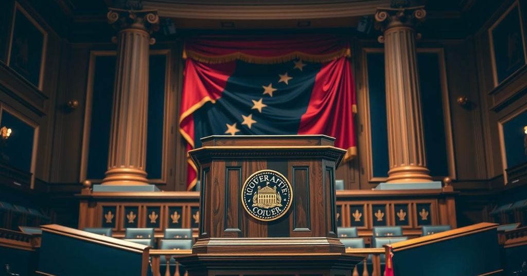 A Senate floor with an old wooden podium and American flag backdrop, symbolising government discussions and decisions.