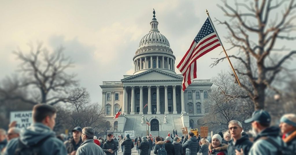 A symbolic representation of political decisions and public opinion with a government building and blurred protest signs.