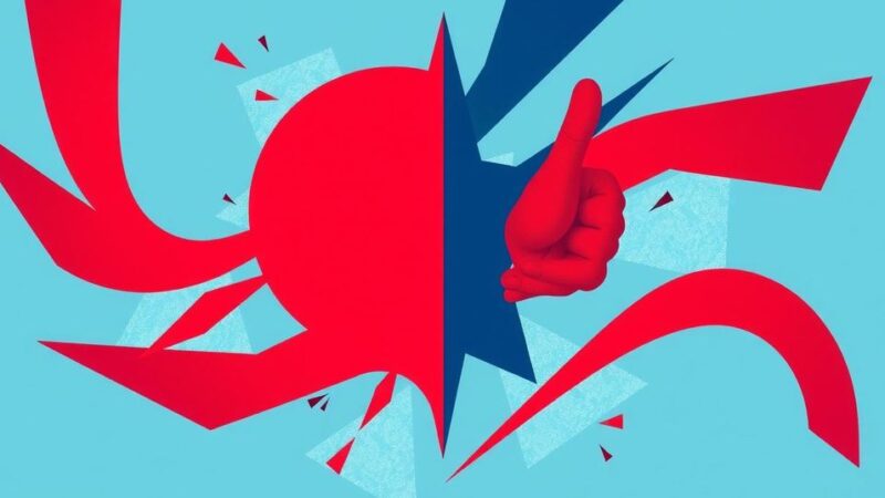 A vibrant abstract representation of political influences on businesses, featuring conflicting color waves and geometric shapes.