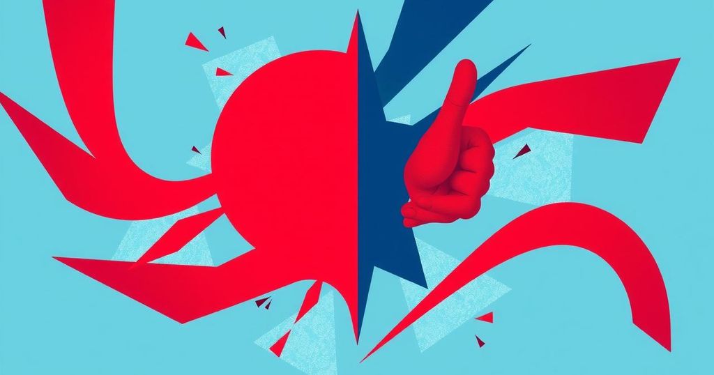 A vibrant abstract representation of political influences on businesses, featuring conflicting color waves and geometric shapes.