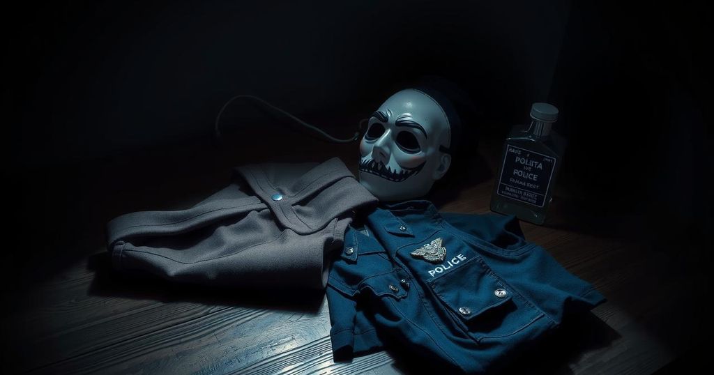 Creepy mask and police uniform lying on a table, dimly lit, capturing dark atmosphere of political tension.