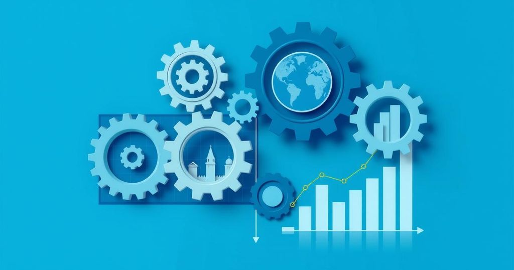 Abstract representation of government efficiency reform with gears and charts, in a modern minimalist style with blue hues.