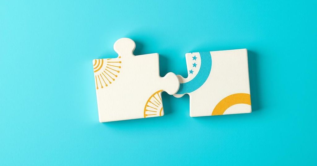 A symbolic representation of political unity, featuring two joined puzzle pieces against a backdrop of a serene blue sky.