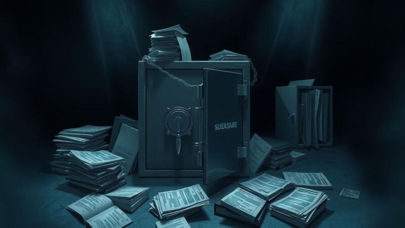 A dark, mysterious landscape featuring a locked safe surrounded by shadows and media files, evoking secrecy and intrigue.