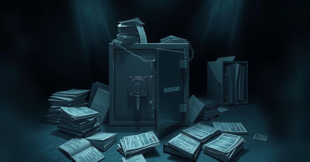 A dark, mysterious landscape featuring a locked safe surrounded by shadows and media files, evoking secrecy and intrigue.