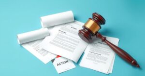 An abstract legal scene symbolising litigation against authority with a gavel and documents against a blue background.