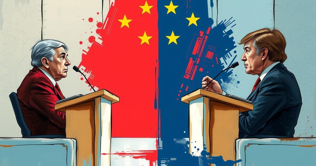 Dramatic scene of a split at a political debate, showing divided views with contrasting colours and expressive art style.