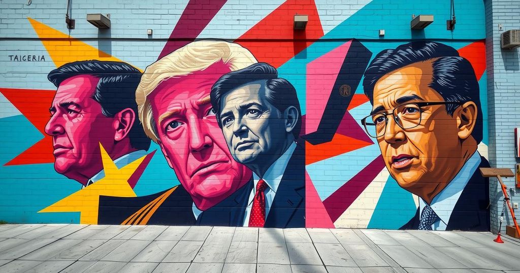 A striking political mural illustrating themes of misinformation and distortion, using bold colours and abstract shapes.