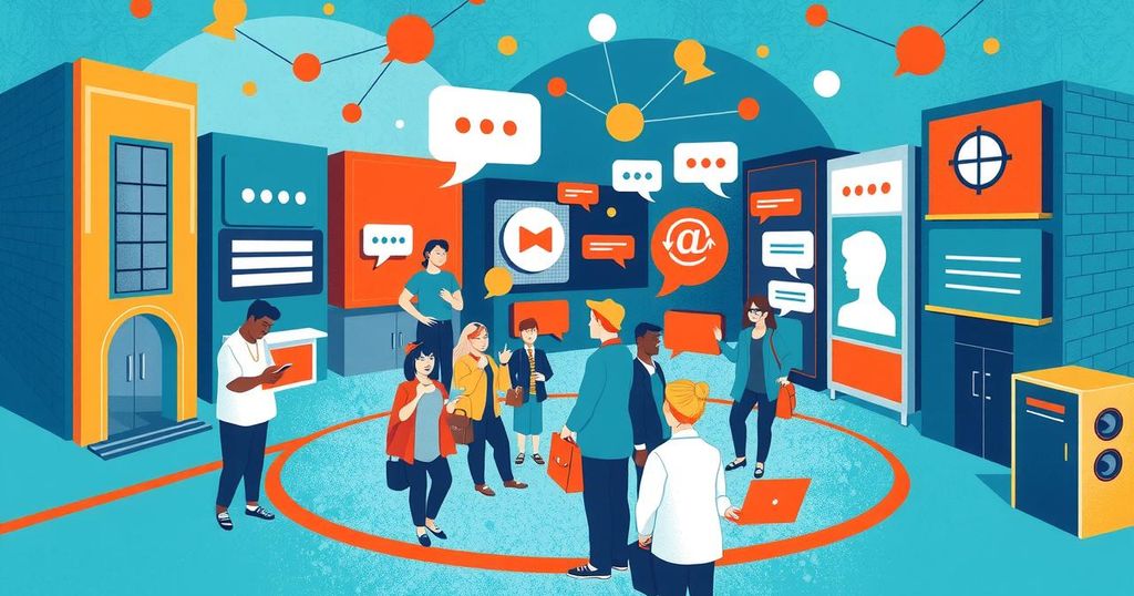 Creative illustration depicting a digital town square with vibrant colours symbolising free speech and political discourse.