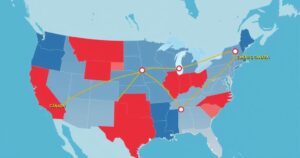 Stylised map of Canada and the US, highlighting trade routes with minimalistic style and bold, contrasting colours.