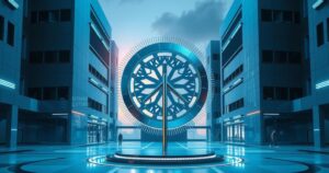 A political symbol with a futuristic backdrop, representing power dynamics in technology and governance.