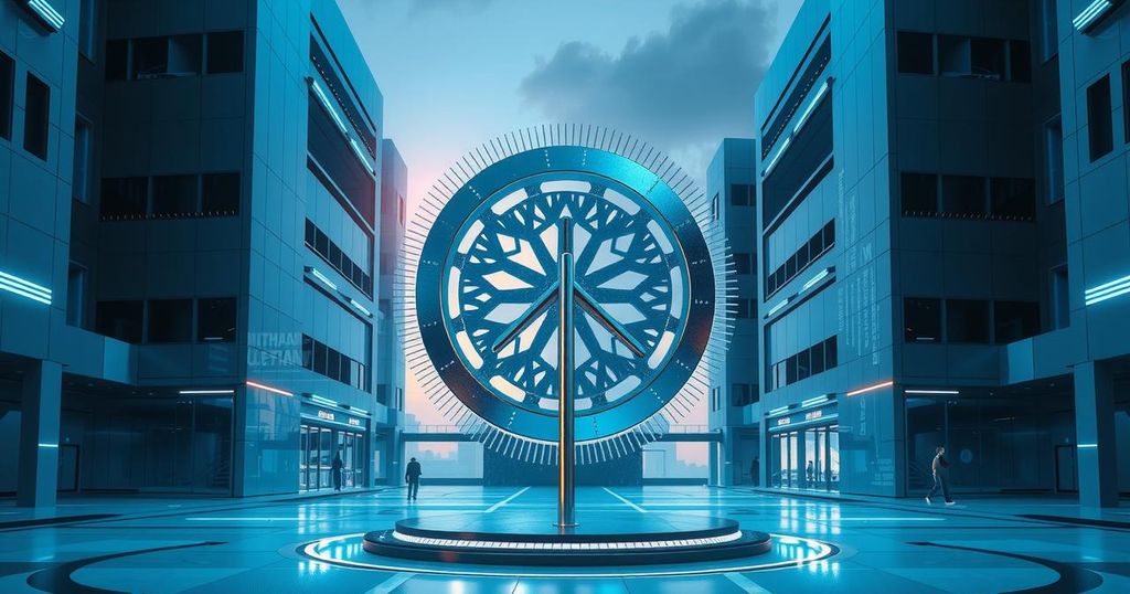 A political symbol with a futuristic backdrop, representing power dynamics in technology and governance.