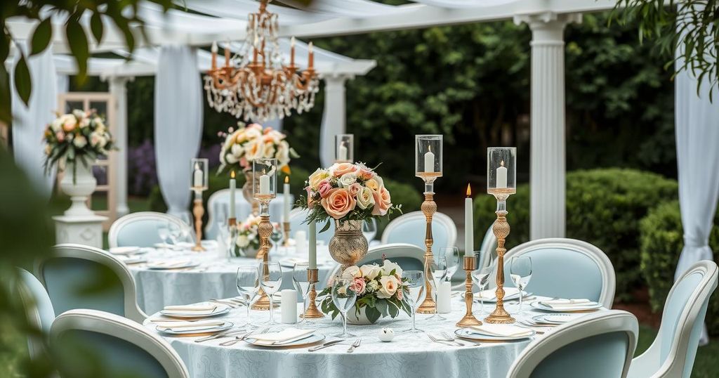 Elegant wedding decor with floral arrangements, luxury table settings, and a serene outdoor setting in the Hamptons.