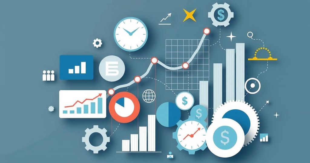 Depiction of economic themes: stock market, budget, tariffs, taxes in muted tones with an abstract graphic style.