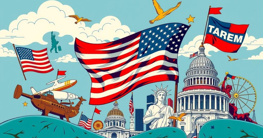 A vibrant political scene with an American flag and symbolic icons representing diverse political views and economic themes.