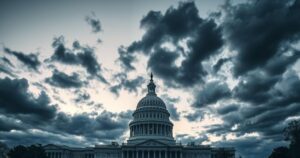 Congressional building skyline at dusk with dramatic clouds, symbolizing political tension over funding decisions.