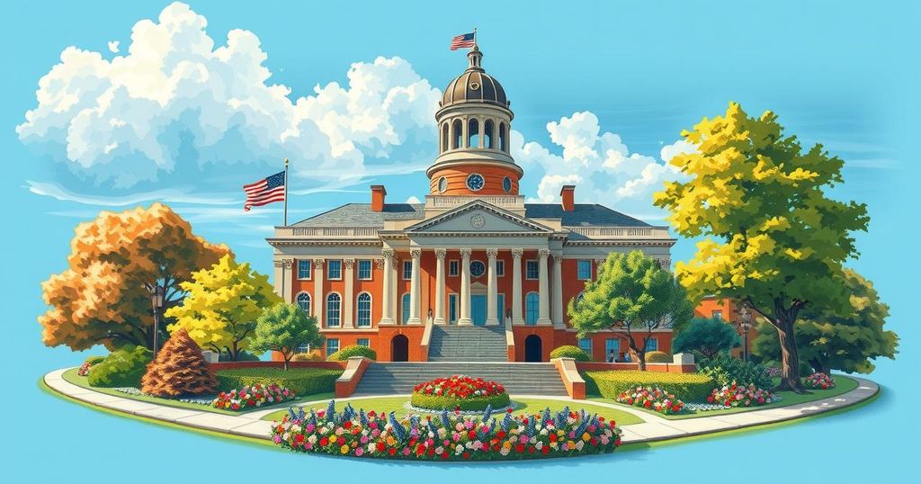 A dynamic scene of a Rhode Island Statehouse with vibrant flowers and flags during a sunny day, reflecting political activity.