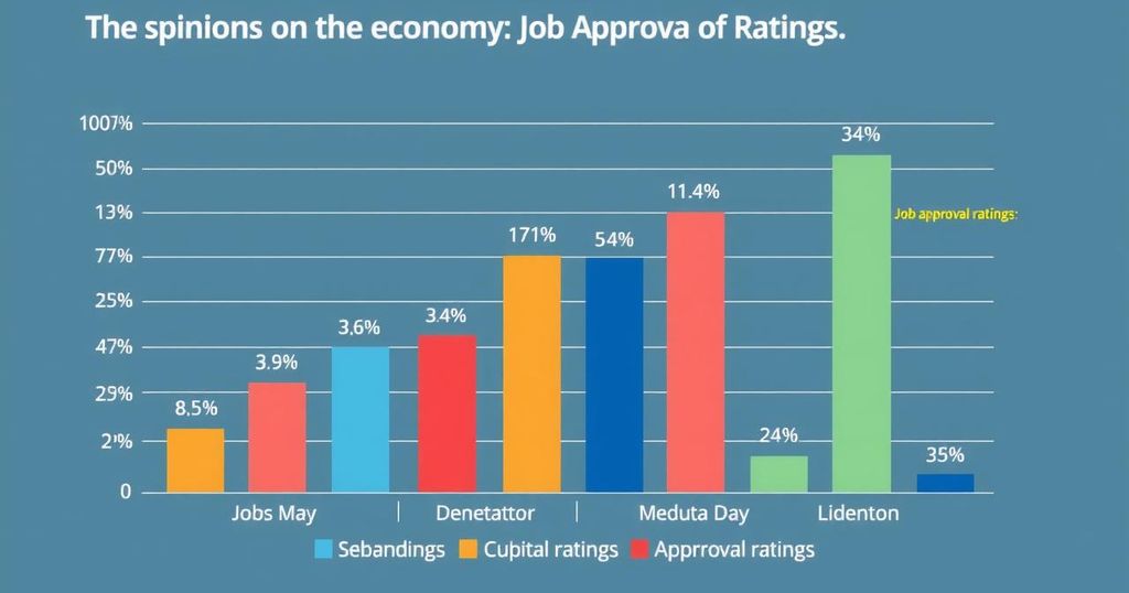 Bar graph showing public opinion on economy and Trump's job approval with diverse opinions represented.