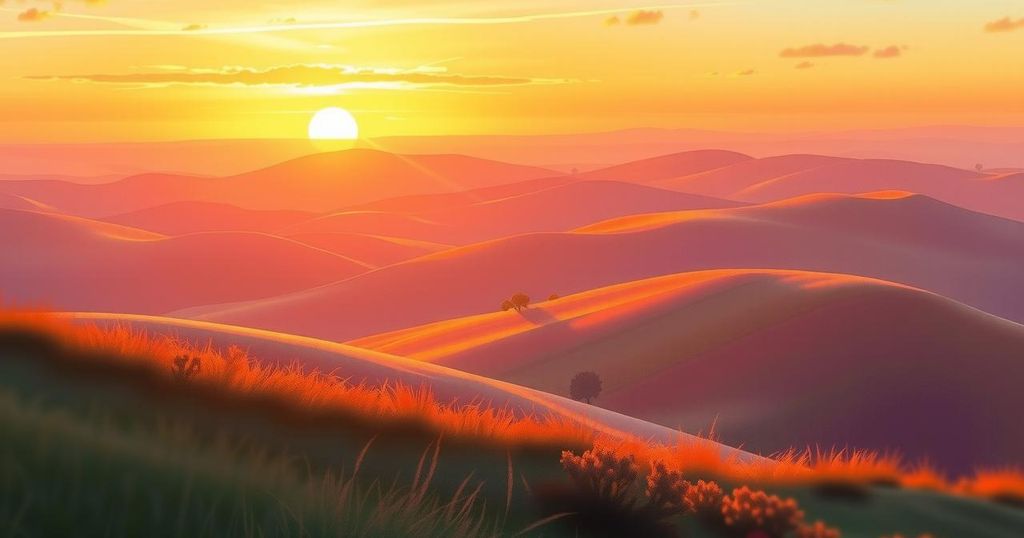 A tranquil landscape featuring a serene sunset over rolling hills, emphasising relaxation and peace.