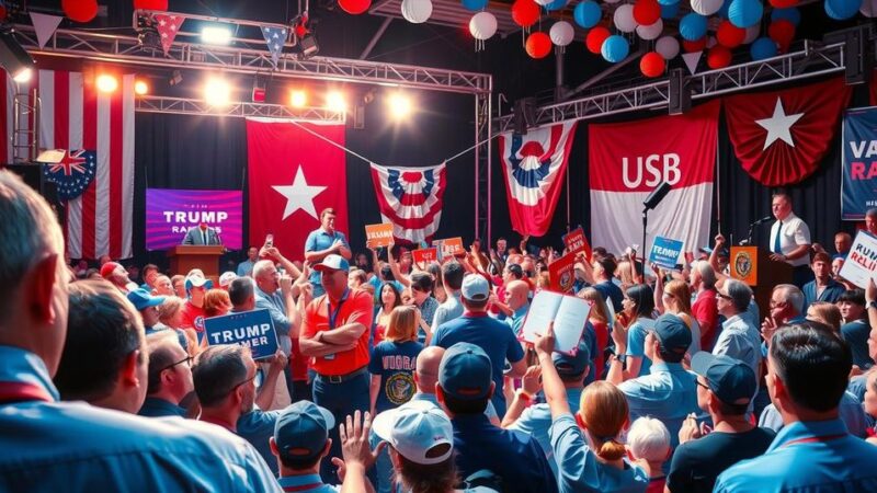 A vibrant political rally scene filled with enthusiastic supporters and colourful decorations.