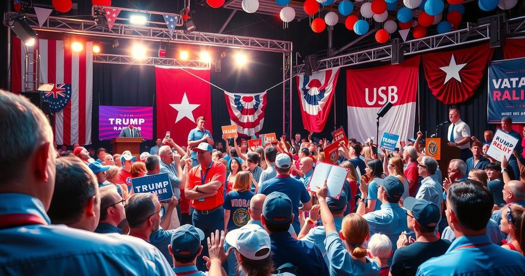 A vibrant political rally scene filled with enthusiastic supporters and colourful decorations.
