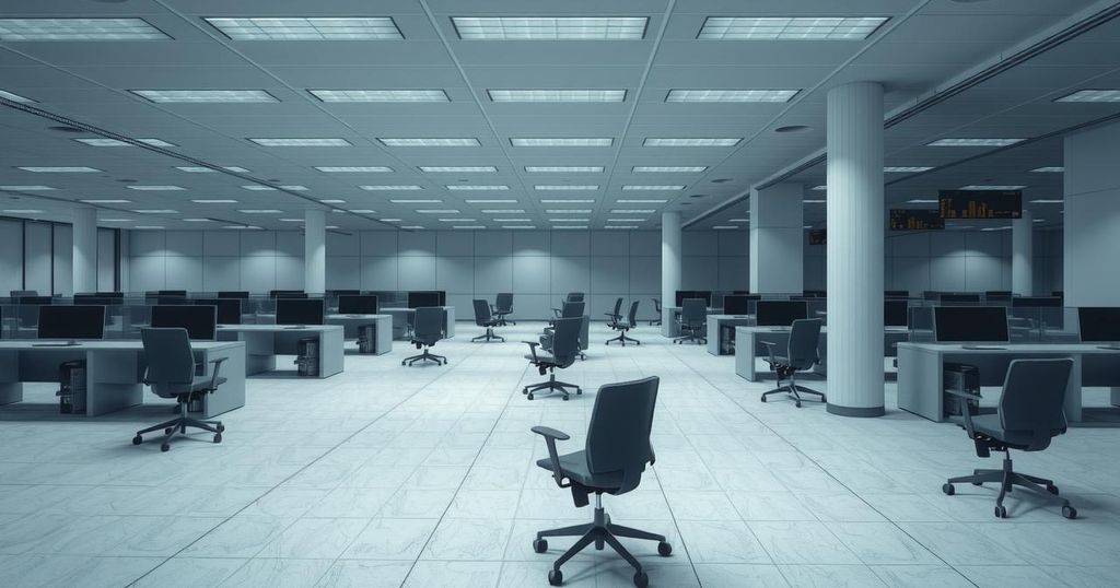 A conceptual artwork of a vast empty office space with scattered chairs, symbolising workforce reductions.