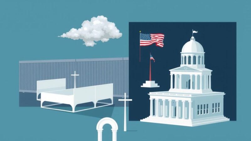 A conceptual representation of U.S. immigration reform, featuring walls, detention centres, and judicial elements in a unified design.