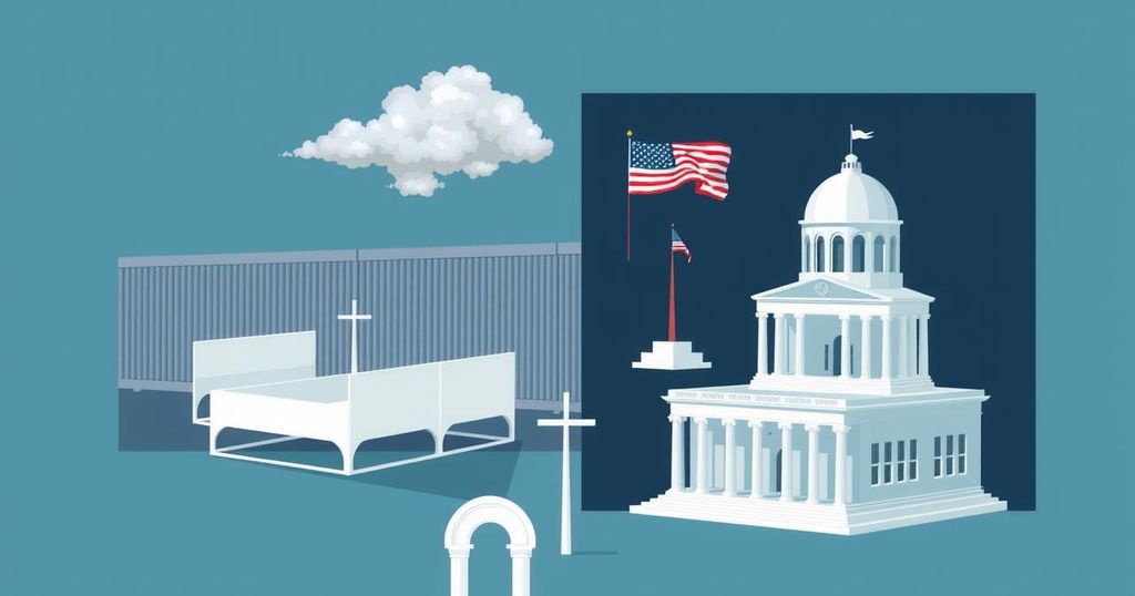 A conceptual representation of U.S. immigration reform, featuring walls, detention centres, and judicial elements in a unified design.