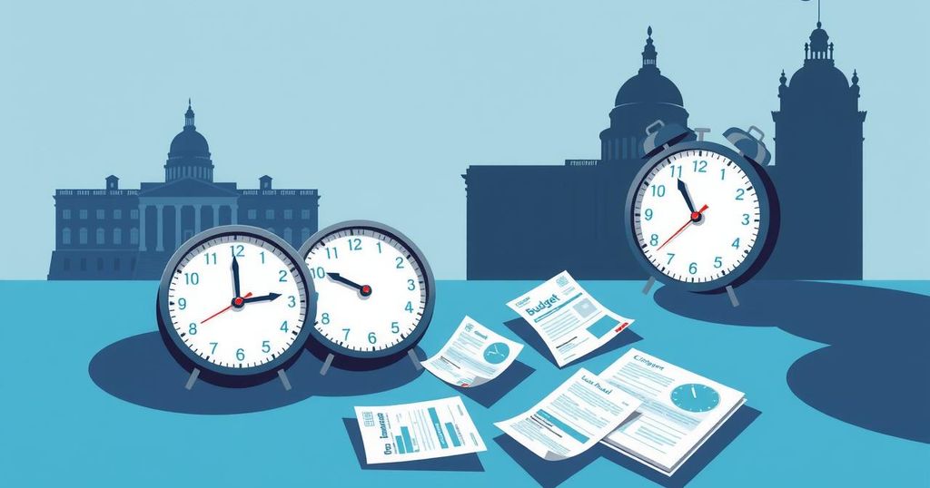 An abstract representation of a U.S. government shutdown with clocks, budget documents, and buildings in cool colours.