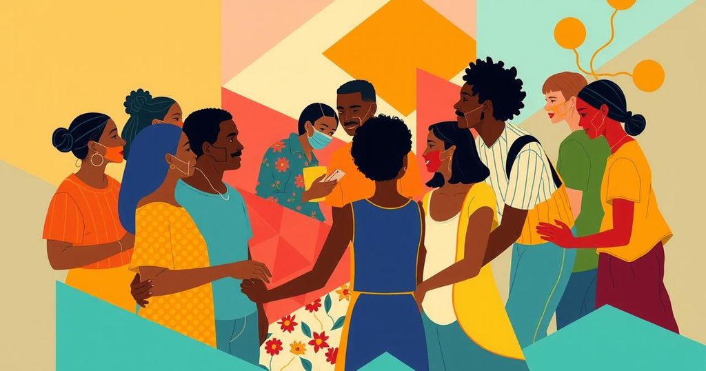 A vibrant abstract representation of diverse communities engaging constructively, using warm colours and geometric shapes.