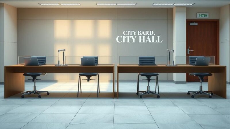 Four city hall offices with empty chairs, symbolising resignations amid political tension in New York City.