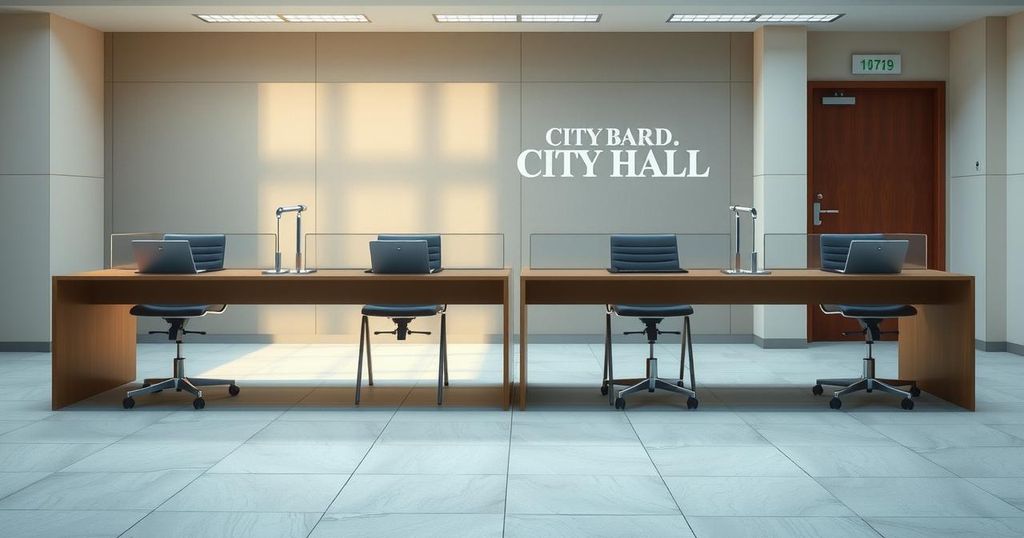 Four city hall offices with empty chairs, symbolising resignations amid political tension in New York City.