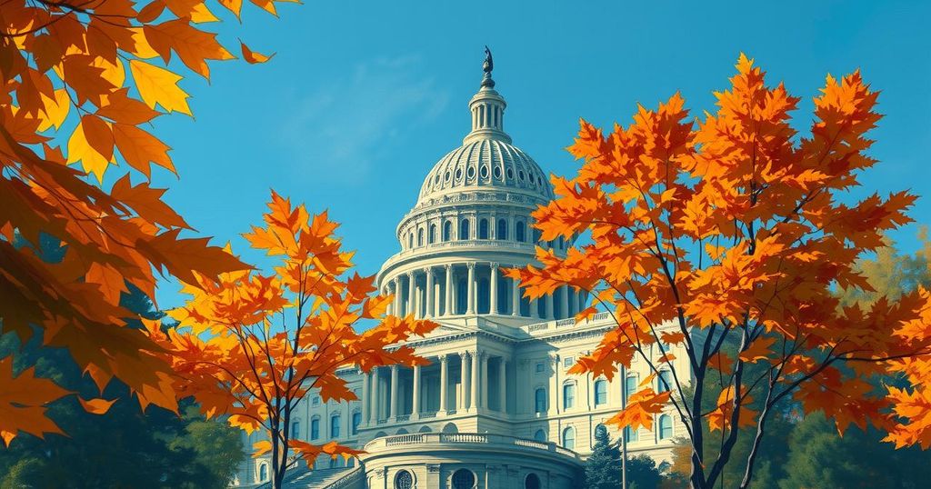 US Senate building during a political debate over government funding with an autumn backdrop.