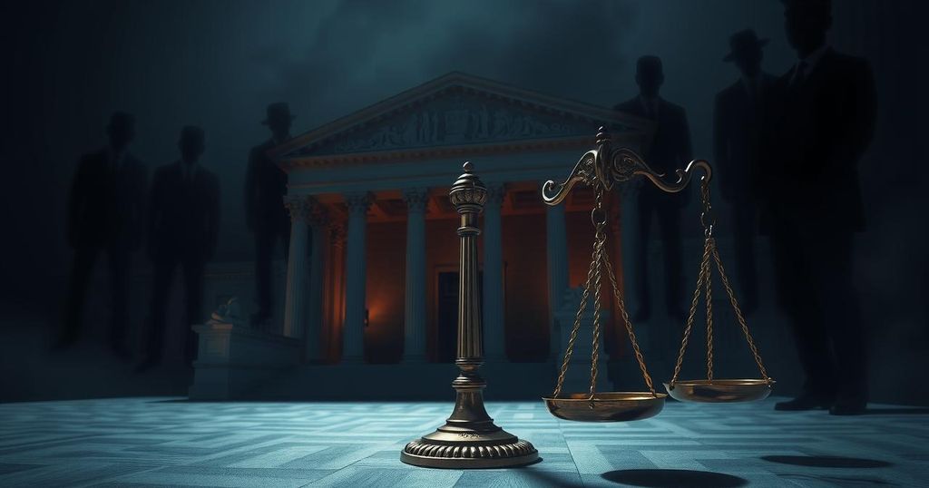 A symbolic representation of political deal-making involving gangs and justice themes, with dark tones and dramatic contrasts.