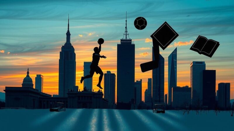A conceptual representation of intertwined political and business themes, with a skyline silhouette and symbolic elements.