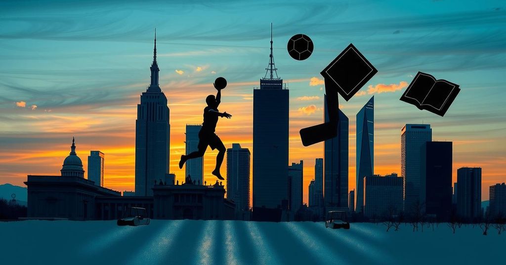 A conceptual representation of intertwined political and business themes, with a skyline silhouette and symbolic elements.