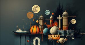 A dark, moody abstract representation of historical exploration with muted colours and incorporation of cultural symbols.