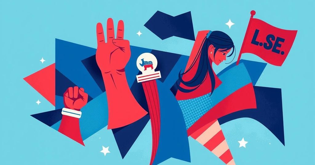 A digital artwork depicting political activism with vibrant colours and abstract shapes representing democratic engagement.