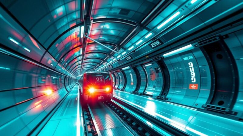 A futuristic underground transit system concept with sleek tunnels and high-speed transit vehicles in a digital landscape.