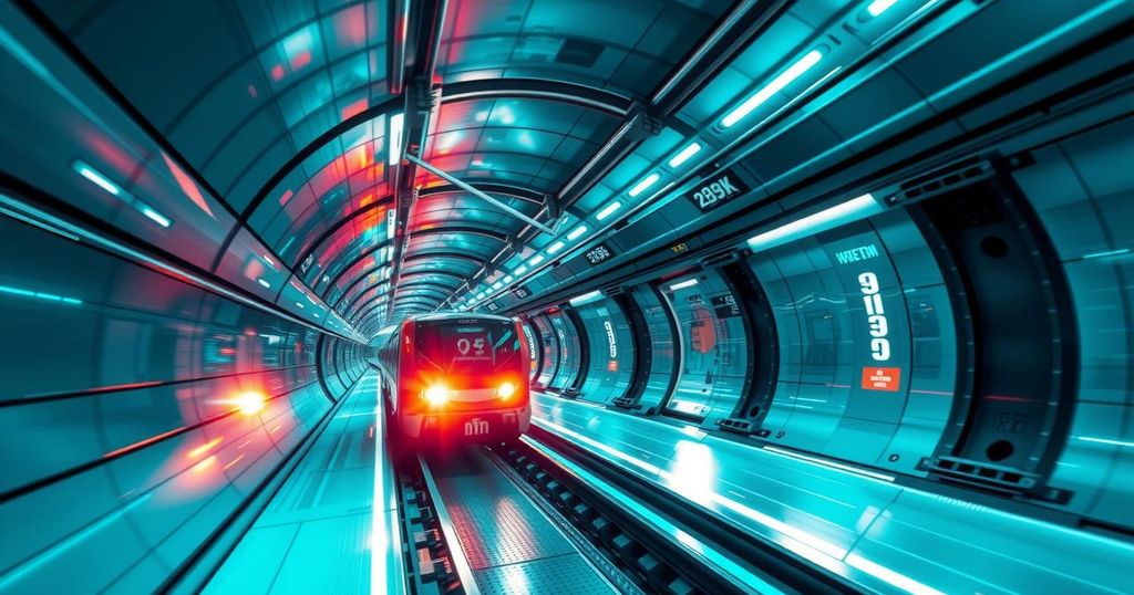 A futuristic underground transit system concept with sleek tunnels and high-speed transit vehicles in a digital landscape.