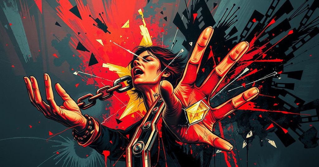 A dramatic scene depicting political unrest with abstract symbols of violence, using dark hues and sharp contrasts.